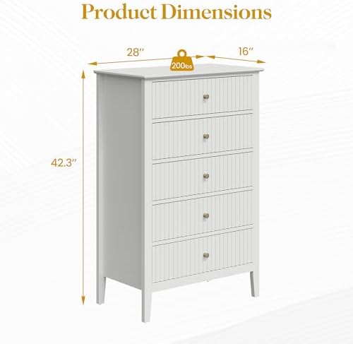 RoyalCraft White Fluted 5 Drawer Dresser for Bedroom, Tall Chest of Drawers, Waterproof Lacquered Desktop,Modern Wood Storage Cabinet for Living Room - Image 2