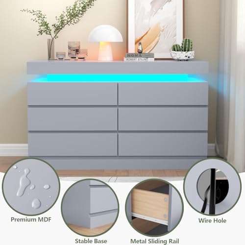 Gyfimoie 6 Drawer Dresser with Power Outlet, Dresser with LED Light - Image 6