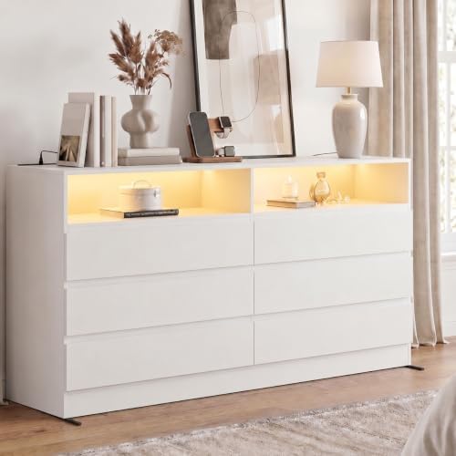Gyfimoie White 6-Drawer Dresser for Bedroom w/Power Outlet and LED Light by Gyfimoie