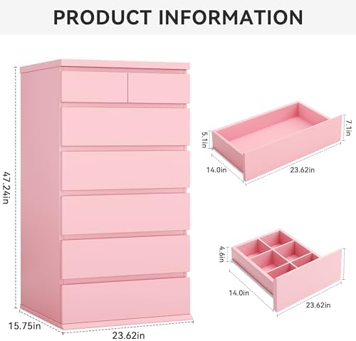 Pink Tall 7 Drawer Dresser for Bedroom, Modern Wood Closet Dressers & Chests of Drawers with Jewelry Storage, 23.6" L*15.8" W*47.5" H in Large Vertical Dresser for Bedroom, Living Room, Nursery - Image 2