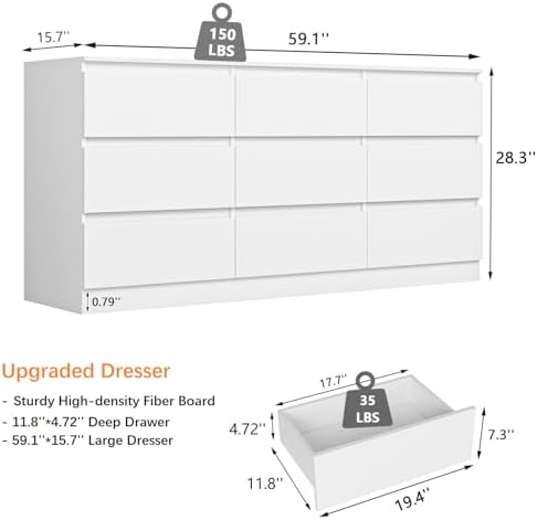 VERYKE White 9 Drawer Dresser for Bedroom,Chest of Drawers with No-Handle Design for Closet,Modern Wood Dresser Bedroom Storage Furniture - Image 3