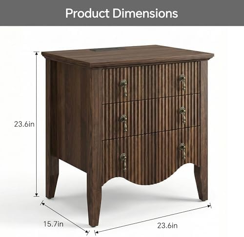 FUSUNBAO Fluted Nightstand with Charging Station & 3 Drawers,Dresser Walnut - Image 2