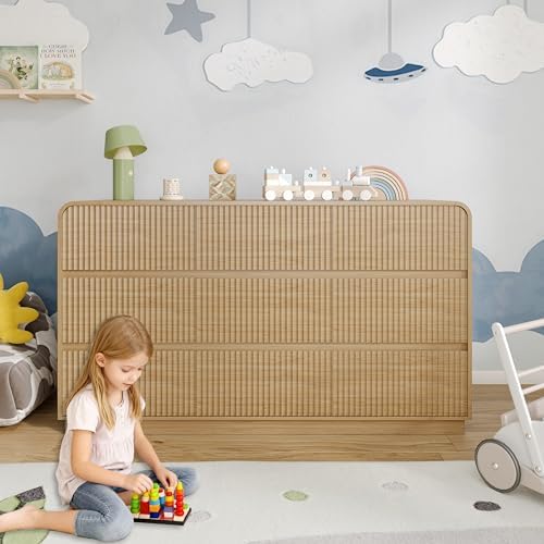 BORNOON Dresser for Bedroom with 9 Drawers, Fluted Chest of Drawers with Round Curved Corner, Hidden Handles, Modern Wood Storage Organizer for Bedroom, Nursery, Living Room - Image 7