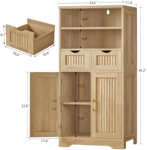 Iwell Tall Storage Cabinet, Fluted Cabinet with 2 Drawers & Adjustable Shelf, Bathroom Storage Cabinet, Kitchen Pantry Storage Cabinet, for Living Room, Dining Room, Home Office, Natural Oak - Image 3