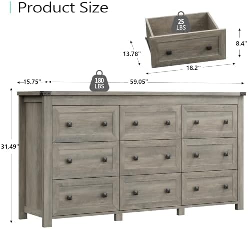 Xixini 59.1" Wide 9-Drawer Farmhouse Dresser for Bedroom, Light Grey - Image 3