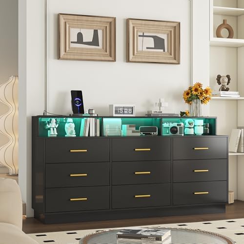 knoworld Black 9 Drawer Dressers for Bedroom, Modern Large Dresser with LED Light and Power Outlet, Wooden Long Dressers, Triple Dresser for Bedroom, Entryway, Hallway by KNOWORLD
