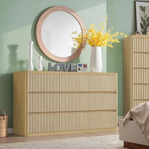 Standifurno Fluted 9 Drawers Dresser, 57" Wide Dresser for Bedroom, Modern Chest of Drawers with Curved Profile, Handleless, Wood Large Dressers TV Stand with Organizer Storage, Living Room, Natural - Image 5
