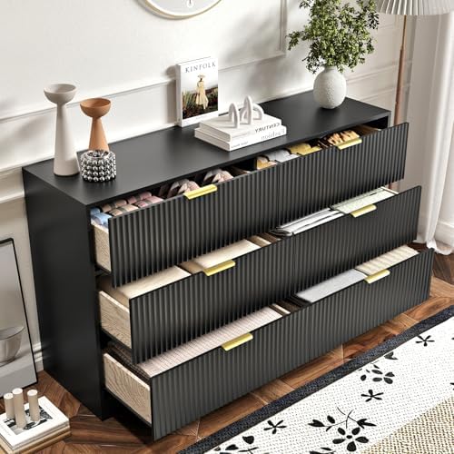 6 Drawers Fluted Dresser for Bedroom, 55" Wide Wooden Dresser with Deep Drawers, Large Floor Chest of Drawers, Modern Long TV Stand, Storage Cabinet Side Table, Black - Image 6