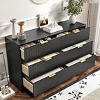 6 Drawers Fluted Dresser for Bedroom, 55" Wide Wooden Dresser with Deep Drawers, Large Floor Chest of Drawers, Modern Long TV Stand, Storage Cabinet Side Table, Black - Image 6