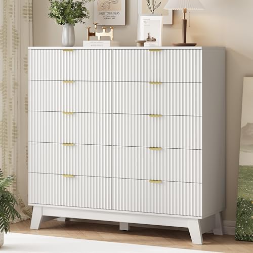 Xixini Fluted Dresser for Bedroom with 10 Drawers, 48" Wide Modern Chest of Drawers with Metal Handle, Wooden Dresser TV Stand, Wood Closet Clothes Storage Organizer for Living Room, Hallway, White - Image 4