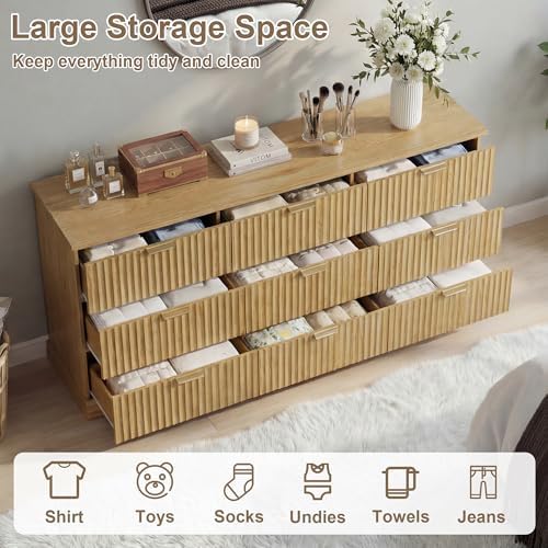 Wooden 9 Drawer Dresser for Bedroom, Fluted Dresser with Storage and Metal Handle, Modern Chest of Drawers for Living Room, Entryway, Natural Oak - Image 3