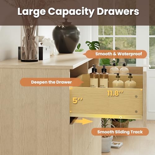 MALOL Modern Fluted 6 Drawer Dresser, Wide Wooden Storage Cabinet with Metal Handles, Silent Glide Drawers, Anti-Tip Chest for Bedroom, Living Room, Natural Wood, 47 Inch - Image 6