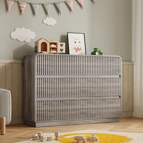 BORNOON Dresser for Bedroom with 6 Drawers, Fluted Chest of Drawers with Round Curved Corner, Hidden Handles, Modern Wood Storage Organizer for Bedroom, Nursery, Living Room by BORNOON