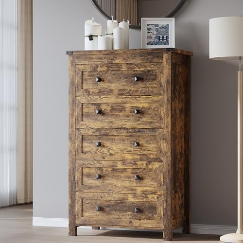 BORNOON Tall 5-Drawer Dresser, Modern Wooden Storage Chest of Drawers, Dresser TV Stand, Wood Drawer Organizer with Metal Handles for Bedroom, Living Room, Hallway by BORNOON