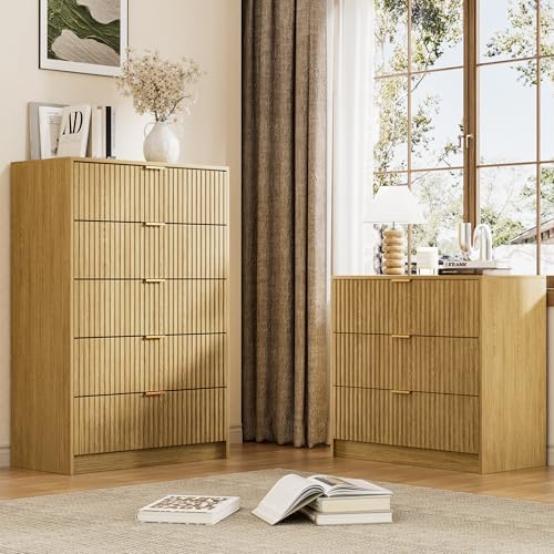 Furniway Mid Century Modern Dresser for Bedroom, 5 Drawer Tall Wood Dresser with Fluted Front, Chest of Drawers for Closet, Living Room, Hallway, Natural Oak - Image 7