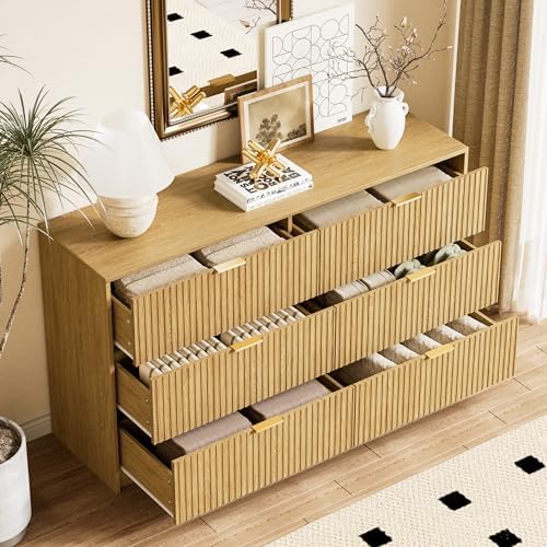 Furniway Mid Century Modern Dresser for Bedroom, 6 Drawer Wood Dresser with Fluted Front, 55.1" Wide Chest of Drawers for Living Room, Hallway, Natural Oak - Image 4