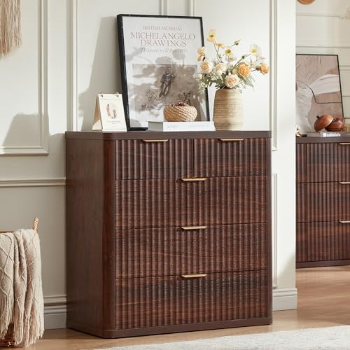 LEYAOYAO Fluted 5 Drawers Dresser for Bedroom Set of 2, 34" Tall Modern Chest of Drawers with Metal Handle, Curved Profile Design,Walnut Wood Drawer Organizer for Bedroom, Living Room, Hallway - Image 5