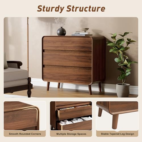 Nasonet 3 Drawer Dressers for Bedroom, Mid Century Modern Chests of Drawers, Curved Dresser with Storage Drawer, Wooden Bedroom Furniture Drawer for Closet, Home Office, Walnut - Image 3