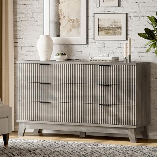 Xixini Fluted Dresser with 6 Drawers, 54" Wide Modern Chest of Drawers with Metal Handle, Wooden Dresser TV Stand, Wood Closet Clothes Storage Organizer for Bedroom, Living Room, Hallway, Light Grey - Image 3