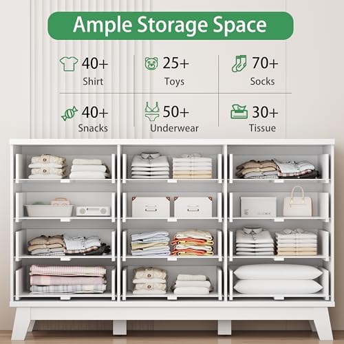 Xixini Fluted Dresser for Bedroom with 12 Drawers, 57" Wide Modern Chest of Drawers with Metal Handle, Wooden Dresser TV Stand, Wood Closet Clothes Storage Organizer for Living Room, Hallway, White - Image 3