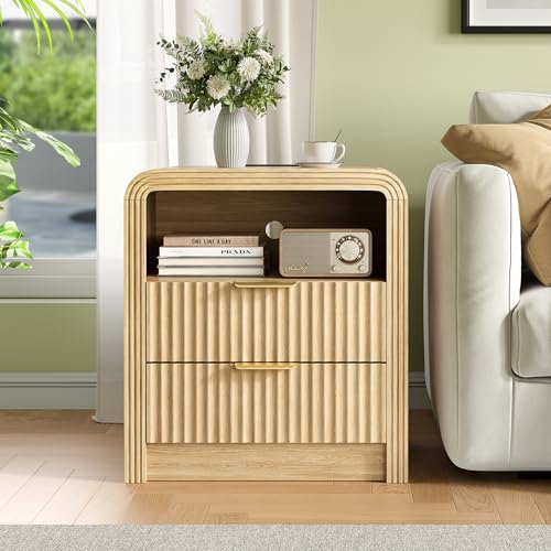 Decofy Fluted Nightstand with Charging Station, 2 Drawers, Oak - Image 6
