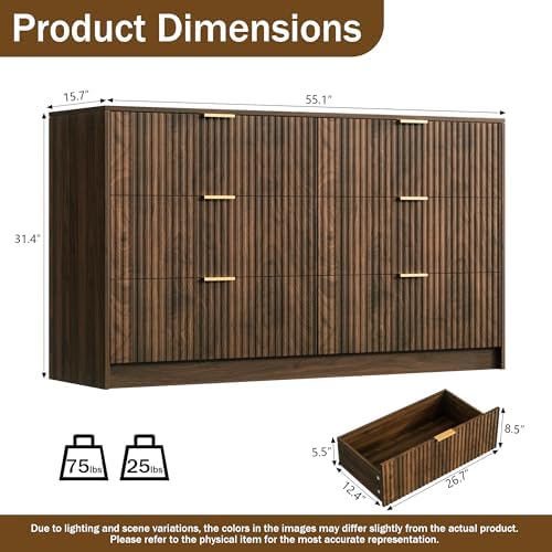 Furniway Walnut Dresser for Bedroom, Modern Dresser with 6 Drawers and Smooth Slides, Wide Chest of Drawers with Golden Handles for Bedroom, Living Room, Closet, 15.7" D x 55.1" W x 31.4" H - Image 2