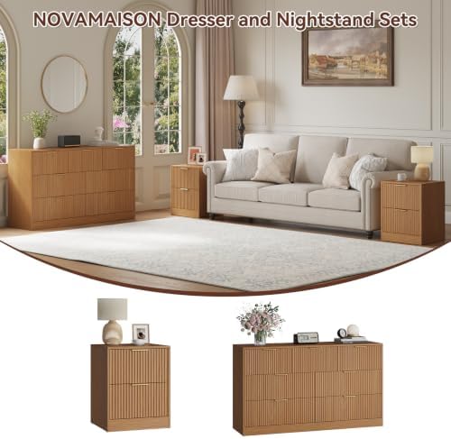 7 Drawer Dresser & 2-Drawer Nightstand Set 3-Piece, Natural Wood丨55 Wide Bedroom Set Night Stand Set of 2 with Metal Handle, Fluted Wood Chest of Drawers Storage Dressers Set for Bedroom - Image 2