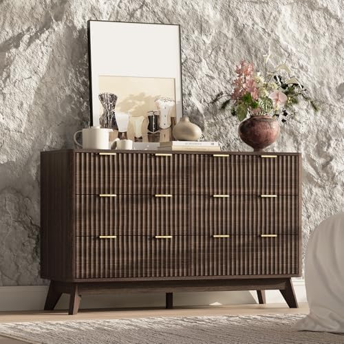 47" Wide Fluted 6 Drawers Dresser for Bedroom,Curved Edge,Walnut - Image 3