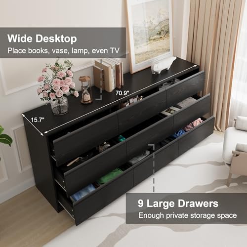 Bobve 70.9” Dresser for Bedroom with 9 Drawers, Large Modern Chest of Drawers with Deep Drawers, Wide Double Dresser Handle Free, Storage Organizer for Bedroom, Living Room, Hallway (Black) - Image 3