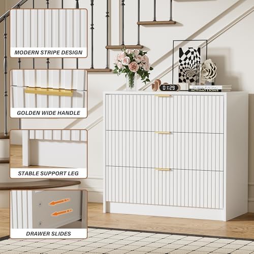 Furniway White Dresser for Bedroom, Modern Dresser with 3 Drawers and Smooth Slides, Wide Chest of Drawers with Golden Handles for Bedroom, Living Room, Closet, 15.7" D x 31.5" W x 29.6" H - Image 3