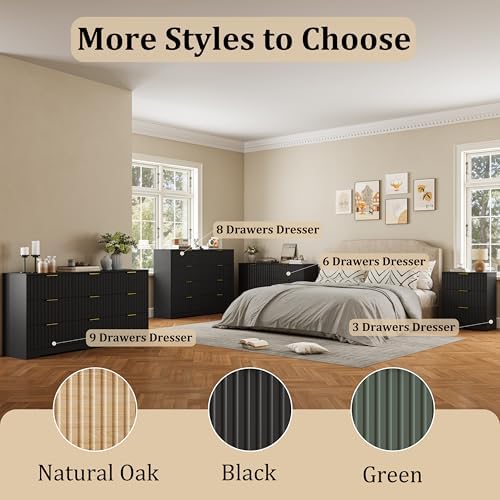 Fluted 9 Drawers Dresser for Bedroom, 63" Wide Wood Dressers, Black - Image 6