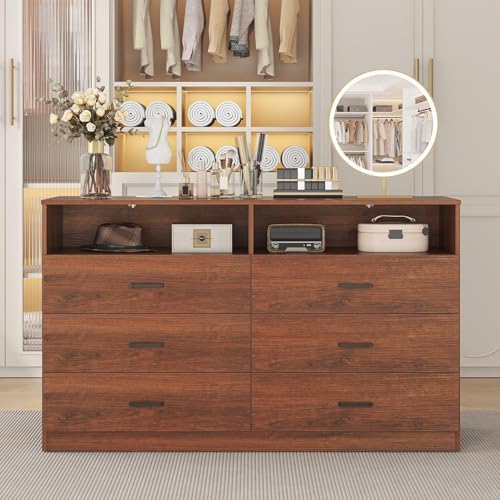Bigbiglife 6 Drawers Dresser for Bedroom Wooden Drawer with Open Storage Cubby, Double Wide Dresser Organizer for Bedroom, Living Room, Entryway, Hallway (Walnut Brown) - Image 4