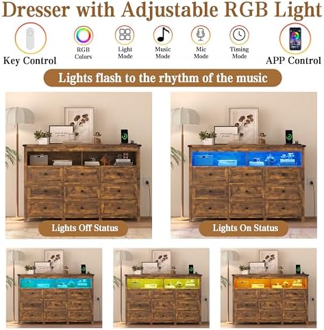 Wodeer 9 Drawer Dresser for Bedroom with LED Lights, Charging Station, Wood Chest of Drawers with Metal Handles, Modern TV Stand & Storage Organizer for Living Room, Hallway, Brown - Image 5