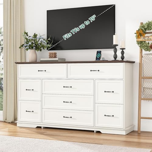 jiteentarou Farmhouse 9 Drawer Dresser for Bedroom,63” Wood Dresser & Chest of Drawers with Power Outlets,Large & Wide Dressers for Bedroom,Tall Storage Dresser Organizer(White) - Image 6