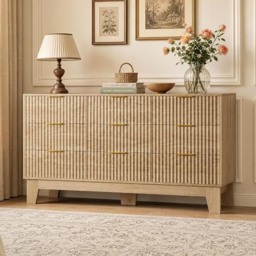 GarveeHome 59" Wide Fluted 9 Drawers Dresser, Oak by GarveeHome