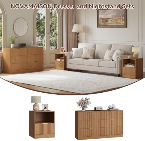 6 Drawer Dresser & 1-Drawer Nightstand Set 3-Piece, Natural Wood丨55 Wide Bedroom Set Night Stand Set of 2 with Metal Handle, Fluted Wood Chest of Drawers Storage Dressers Set for Bedroom - Image 2