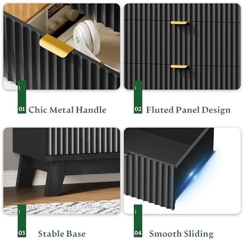 Xixini Fluted Nightstand with Charging Station, Tall Bedside Table, Black - Image 6