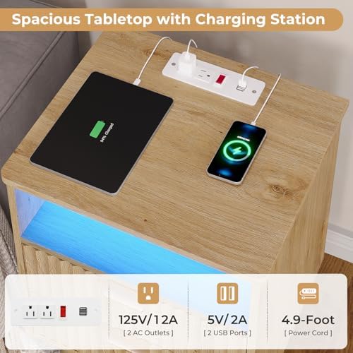 VIAGDO Fluted Nightstand with Charging Station and LED Lights, Modern Night Stand with 2 Drawers and Open Storage Cabinet, Bed Side Table with Gold Metal Handle for Bedroom, Natural Oak - Image 4