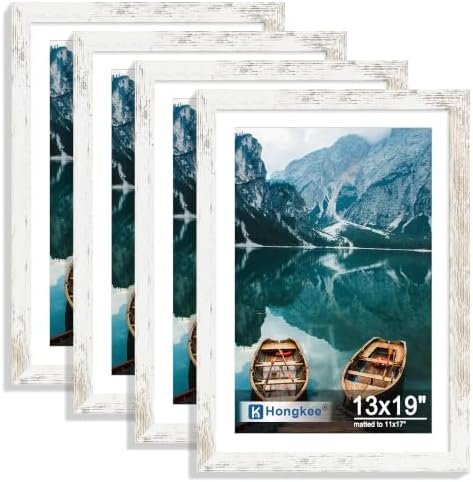 Hongkee 13x19 Picture Frame Set of 4, 13x19 Distressed White Wood,Mat 11x17 by Hongkee