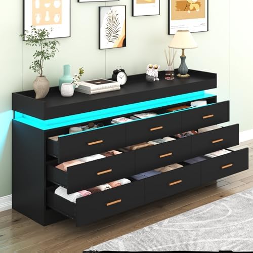 Hlivelood 9 Drawer Dresser with LED Light and Charging Station, Modern Chest of Drawers for Closet, Wide Drawer Organizer Cabinet for Bedroom, Living Room, Entryway, Hallway(9 Drawer Black) - Image 4