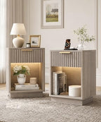 Akxomel Fluted Nightstand Set 2 Bedside Table with Charging Station Greige - Image 2