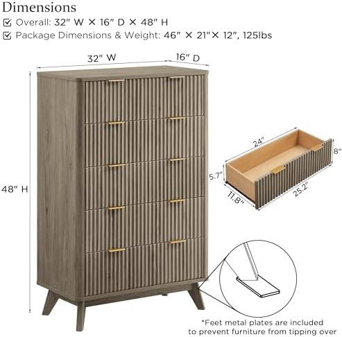 T4TREAM 48" Tall Fluted 5 Drawer Dresser for Bedroom, Grey Alder - Image 2