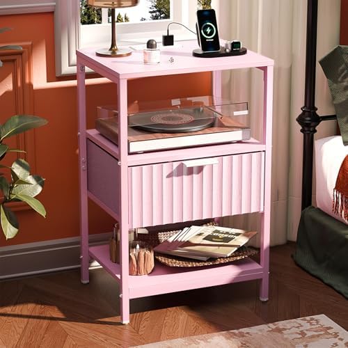 VINGLI Pink Nightstand with Fabric Drawer, Fluted Nightstand with Charging Station, Night Stand Pink Bedside Table with Charger Station for Bedroom, Kids Room, 14.96" W*11.81" D*23.7" H, 1 pc by VINGLI