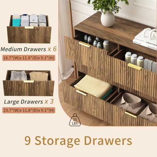 9 Drawer Fluted Dresser for Bedroom with Deep Drawers, Walnut丨63 Wide Wood Dresser, Large Chest of Drawers, Modern Long TV Stand, Storage Cabinet Side Table for Living Room, Hallway - Image 3