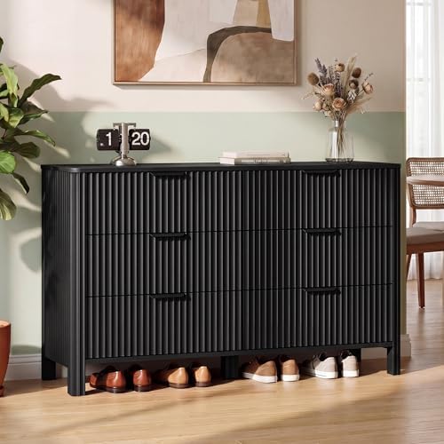 Wodeer 6 Drawer Black Dresser for Bedroom, 47"W Wood Storage Cabinet with Fluted Design, Modern Chest of Drawers & TV Stand for Living Room, Nursery Clothing Organizer with Metal Slides, Anti-Tipping by WODEER