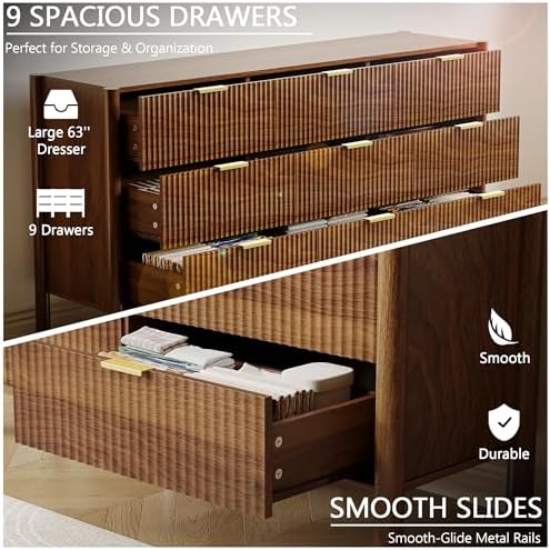 63in Walnut Fluted 9 Drawer Dresser for Bedroom,Mid Century Wood Chest - Image 4