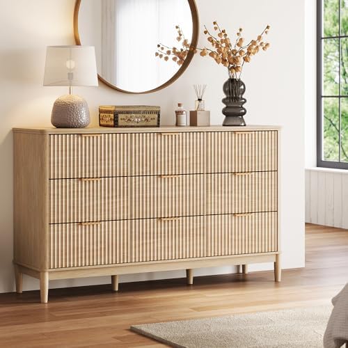 LINSY Fluted Dresser for Bedroom with 9 Drawers, Mid Century Modern Chest of Drawers with Gold Metal Handles, Wide Boho Wood Dressers, Large Farmhouse Storage Cabinet for Bedroom, Living Room, Oak - Image 2