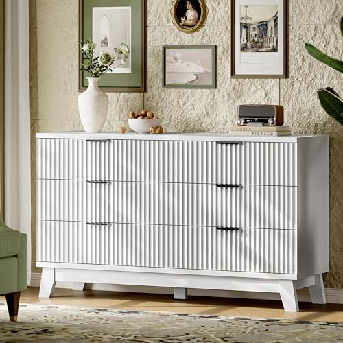 Xixini Fluted Dresser with 6 Drawers, 54" Wide Modern Chest of Drawers with Metal Handle, Wooden Dresser TV Stand, Wood Closet Clothes Storage Organizer for Bedroom, Living Room, Hallway, Solid White - Image 3