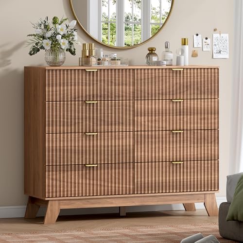 Wodeer 8 Drawer Fluted Dresser for Bedroom, Mid Century Modern Wooden Dresser with 8 Drawers, Dressers & Chests of Drawers with Metal Handle, TV Stand & Storage Organizer for Entryway, Hallway, Walnut by WODEER