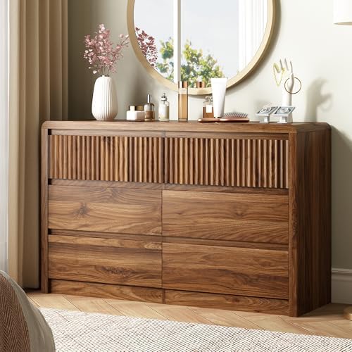 LYNSOM Walnut Fluted 6 Drawer Dresser for Bedroom, Curved Edge, 50" Wide by LYNSOM